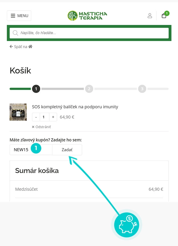 Návod ako uplatniť zľavový kód v košíku e-shopu Mastichaterapia