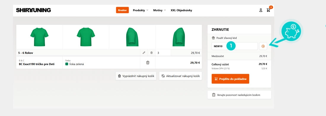Návod ako uplatniť zľavový kód v košíku e-shopu Shirttuning
