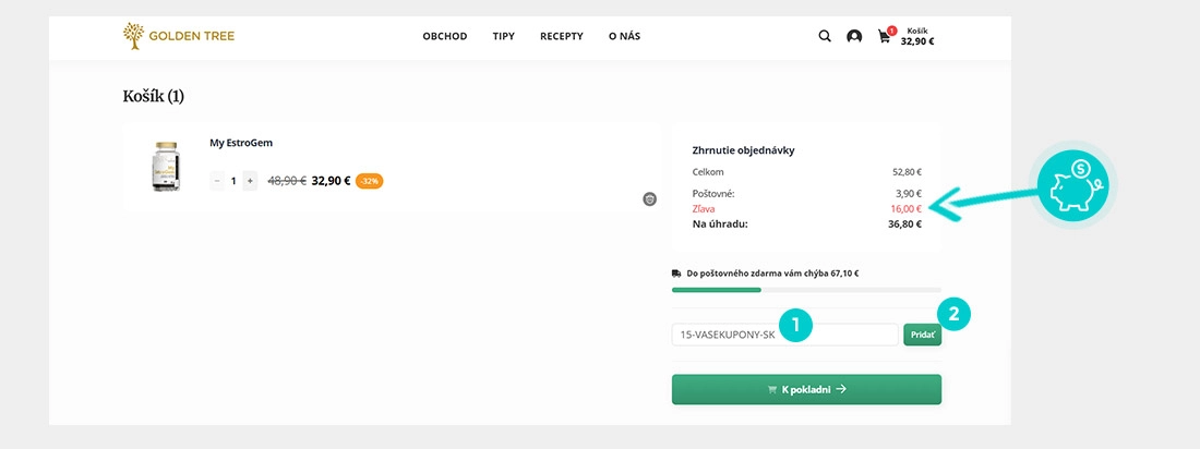 Návod ako uplatniť zľavový kód v košíku e-shopu Golden Tree