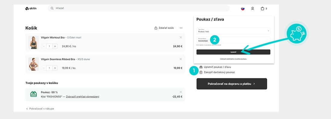 Návod ako uplatniť zľavový kód v košíku e-shopu Vilgain