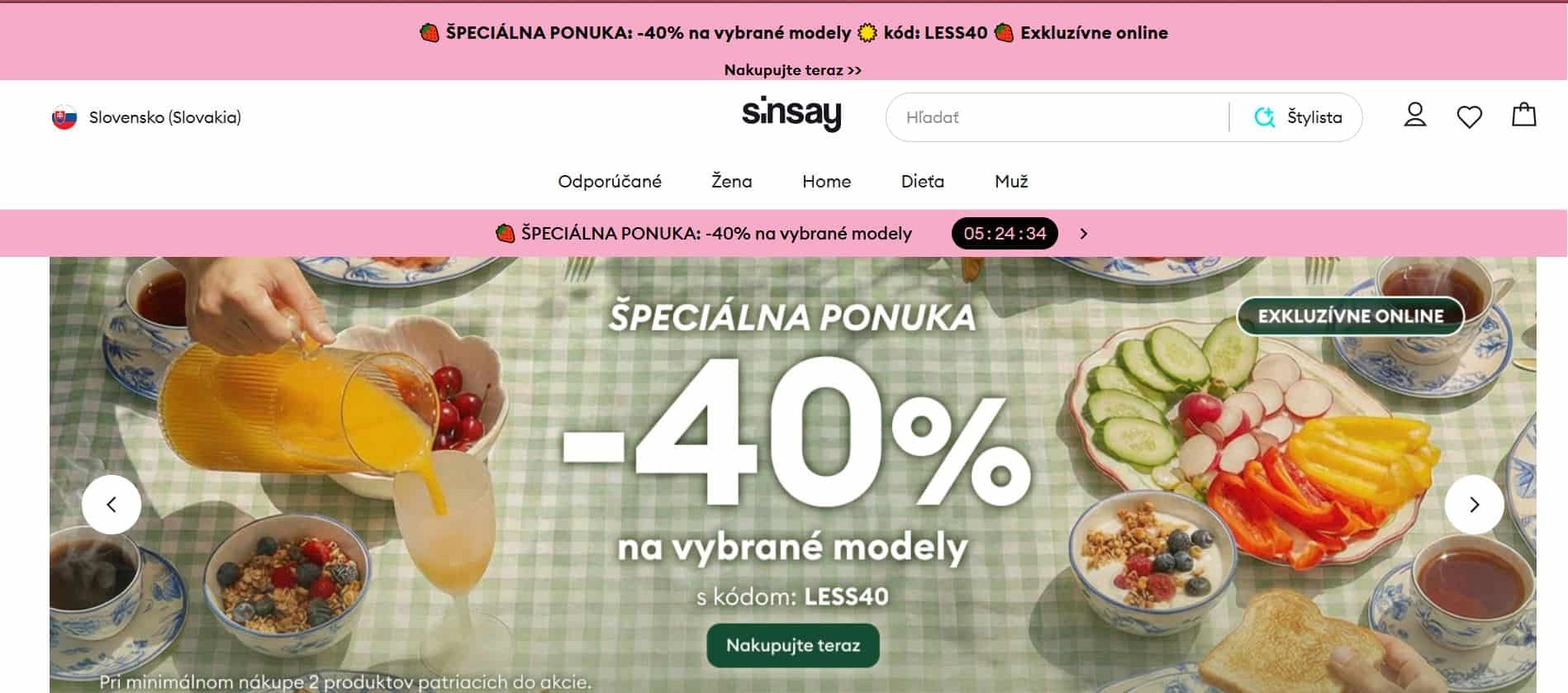 screen home page e-shopu Sinsay s fotkou raňajok na zelenom obruse