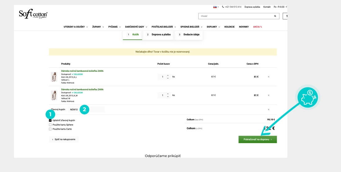 Návod ako uplatniť zľavový kód v košíku e-shopu SoftCotton