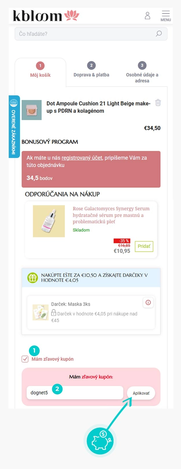 Návod ako uplatniť zľavový kód v košíku e-shopu Kbloom
