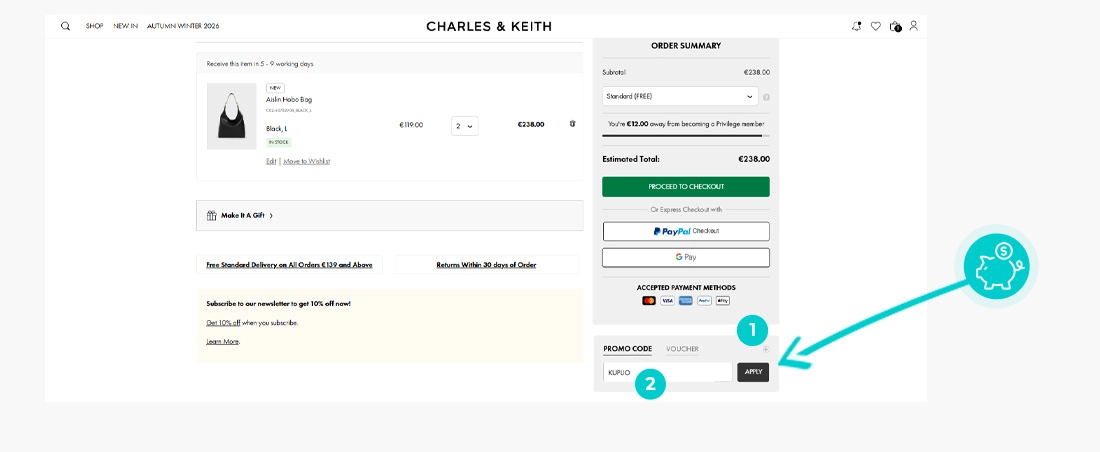 Návod ako uplatniť zľavový kód v košíku e-shopu Charles & Keith