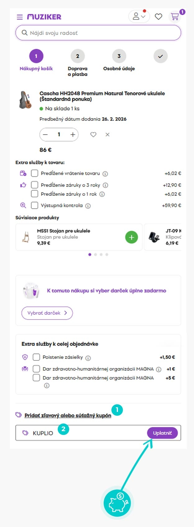 Návod ako uplatniť zľavový kód v košíku e-shopu Muziker