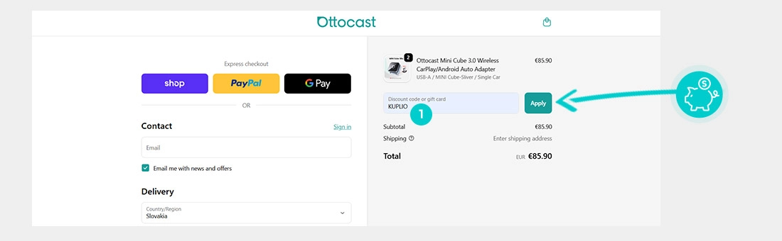 Návod ako uplatniť zľavový kód v košíku e-shopu Ottocast