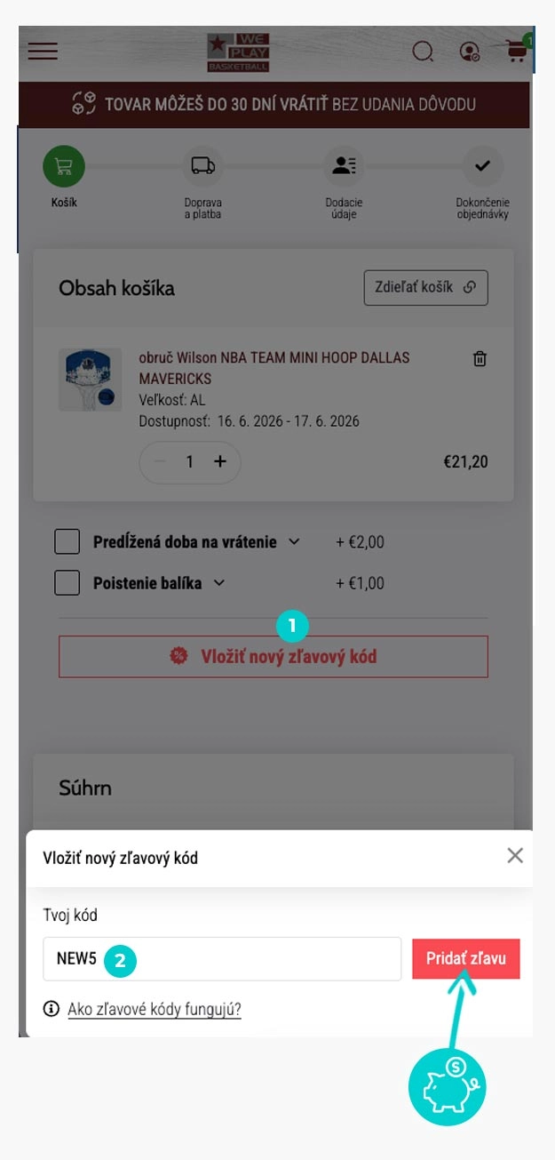 Návod ako uplatniť zľavový kód v košíku e-shopu WePlayBasketball