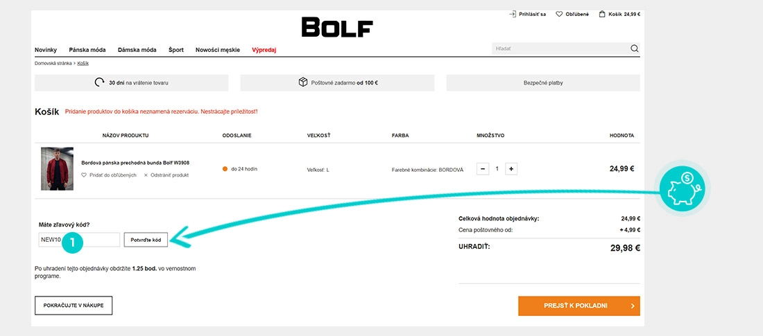 Návod ako uplatniť zľavový kód v košíku e-shopu Bolf