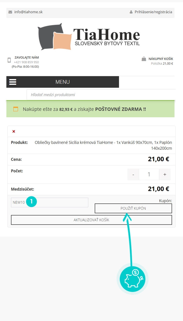 Návod ako uplatniť zľavový kód v košíku e-shopu Tia Home