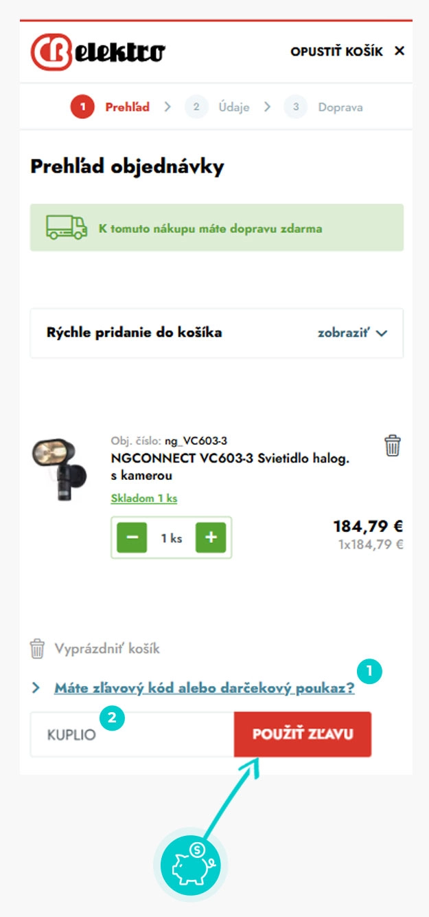 Návod ako uplatniť zľavový kód v košíku e-shopu CB elektro