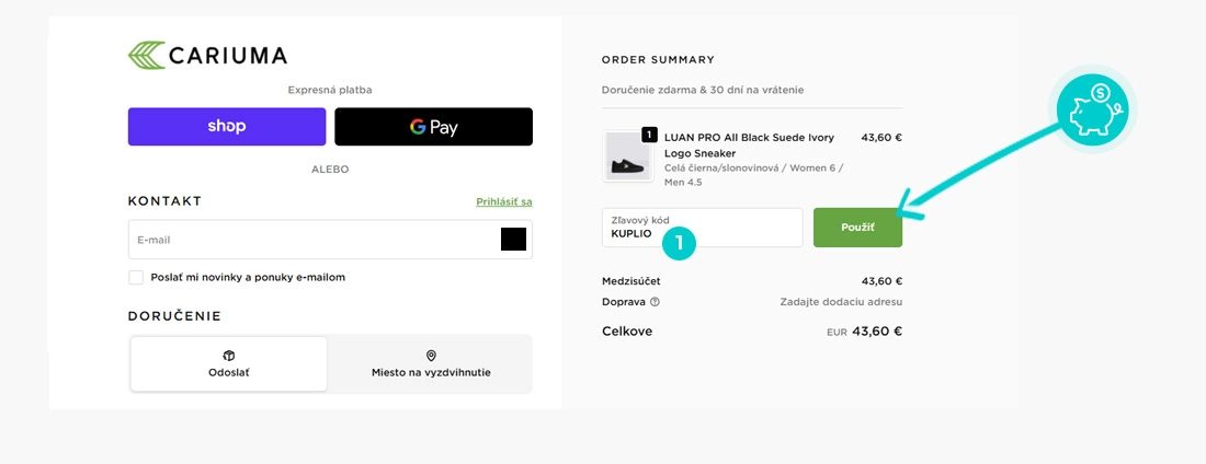 Návod ako uplatniť zľavový kód v košíku e-shopu Cariuma