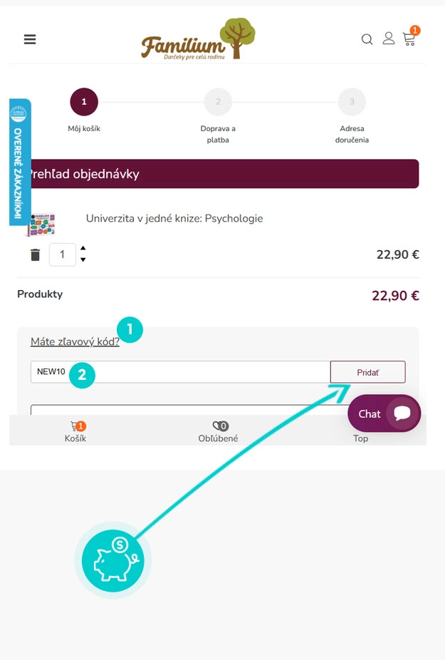 Návod ako uplatniť zľavový kód v košíku e-shopu Familium