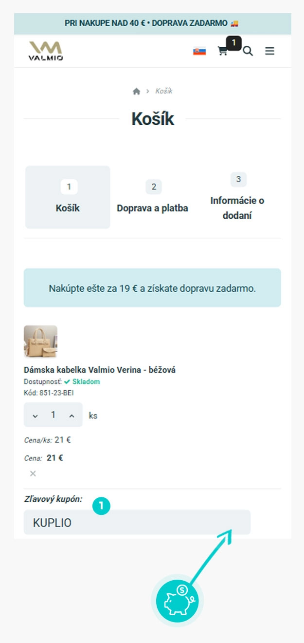 Návod ako uplatniť zľavový kód v košíku e-shopu Valmio