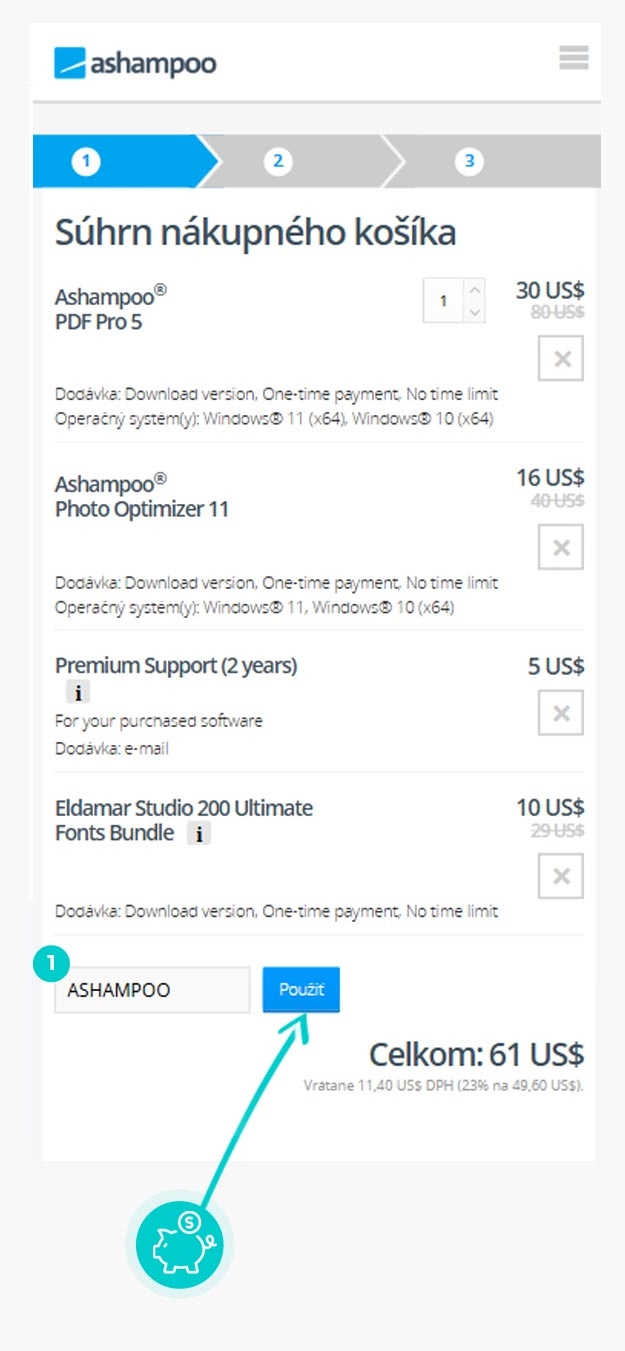 Návod ako uplatniť zľavový kód v košíku e-shopu Ashampoo