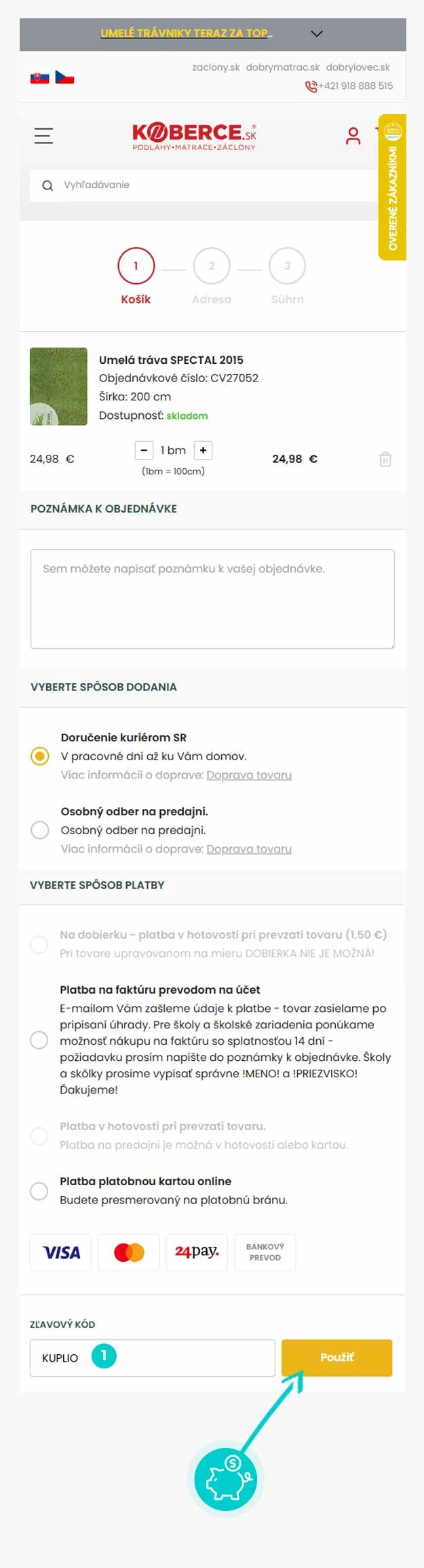 Návod ako uplatniť zľavový kód v košíku e-shopu Koberce.sk
