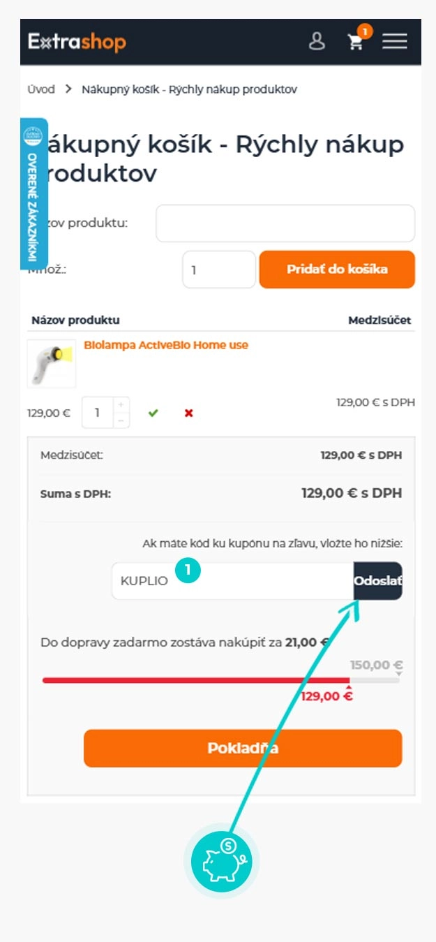 Návod ako uplatniť zľavový kód v košíku e-shopu Extrashop