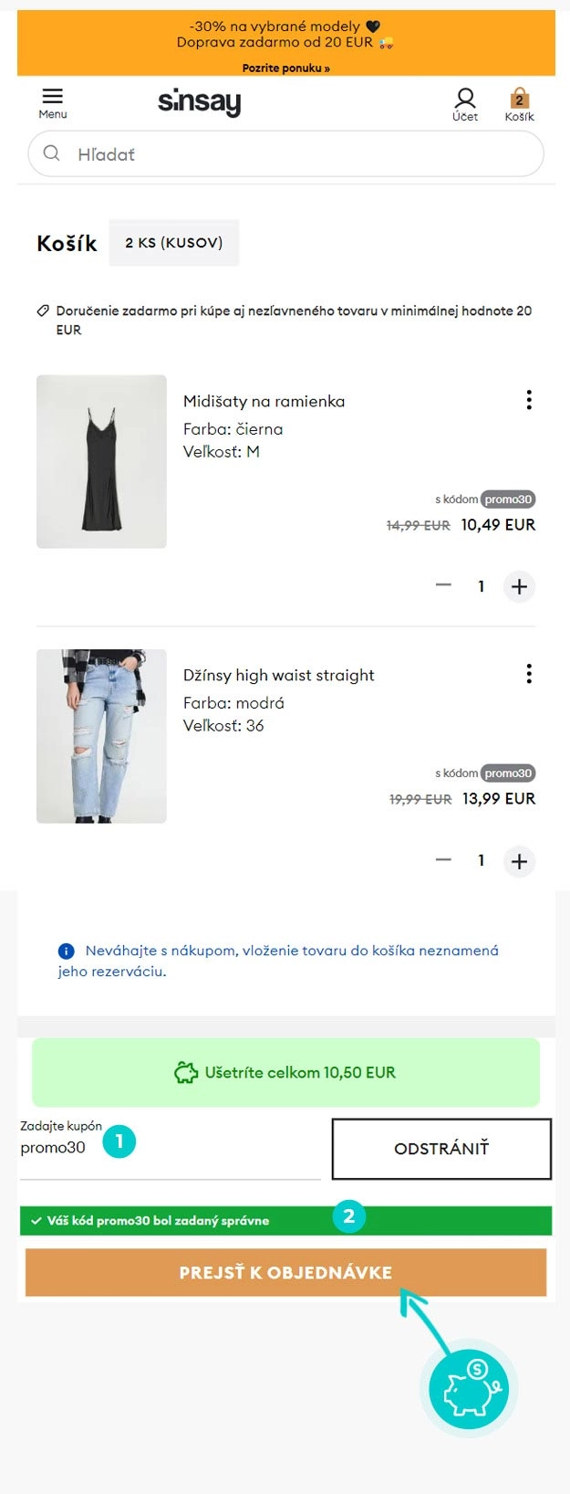 Návod ako uplatniť zľavový kód v košíku e-shopu Sinsay