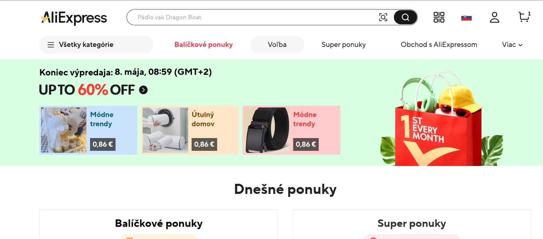 screen home page e-shopu Aliexpress s práve prebiehajúcim výpredajom