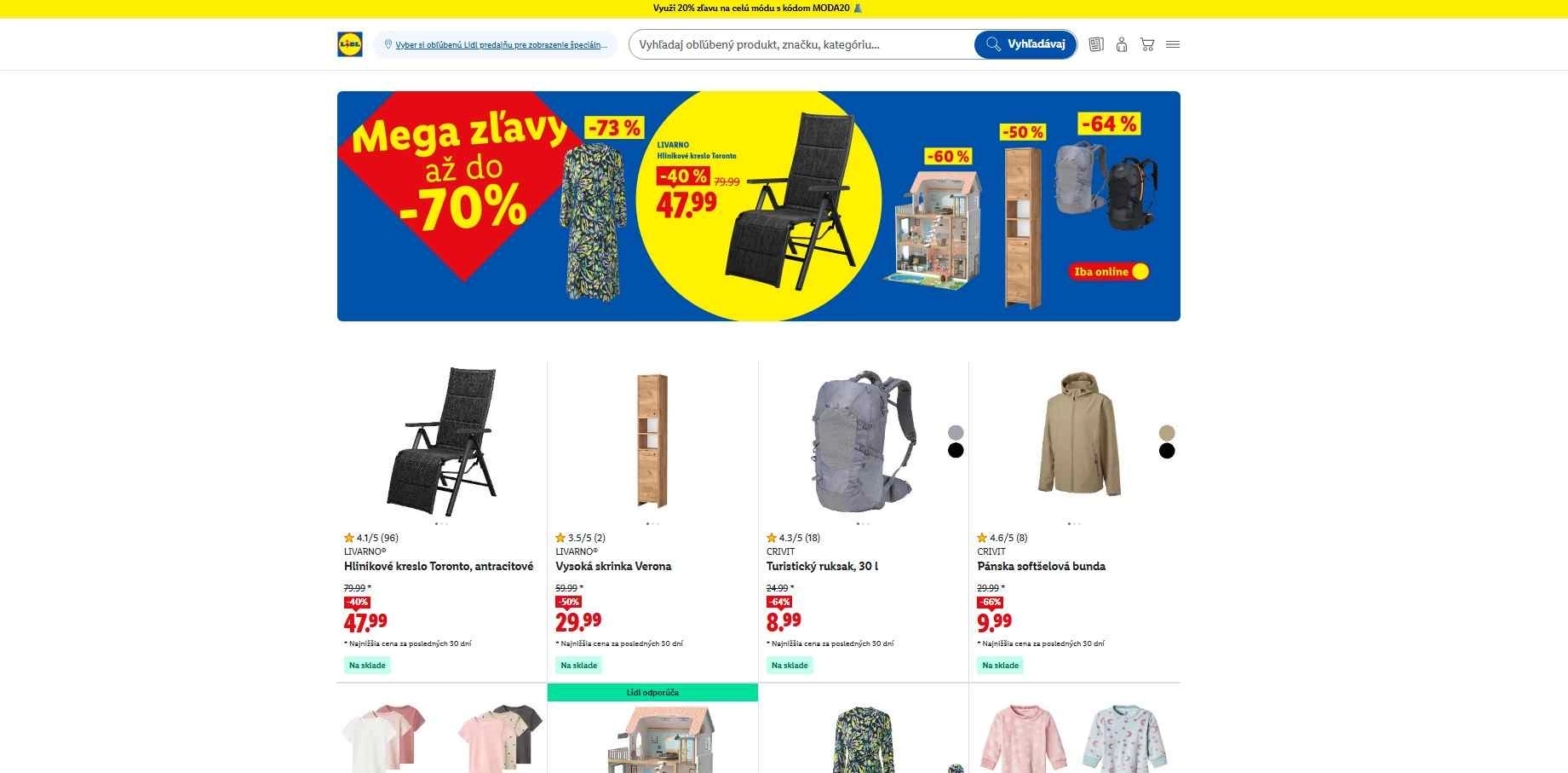 Sekcia Mega zľavy v eshope Lidl s ponukami až do výšky - 70%