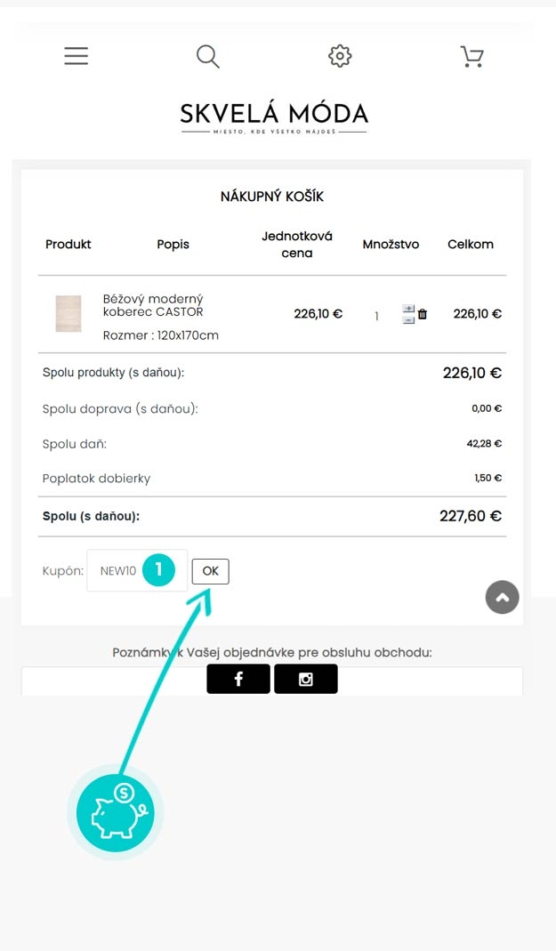 Návod ako uplatniť zľavový kód v košíku e-shopu Skvelá Móda