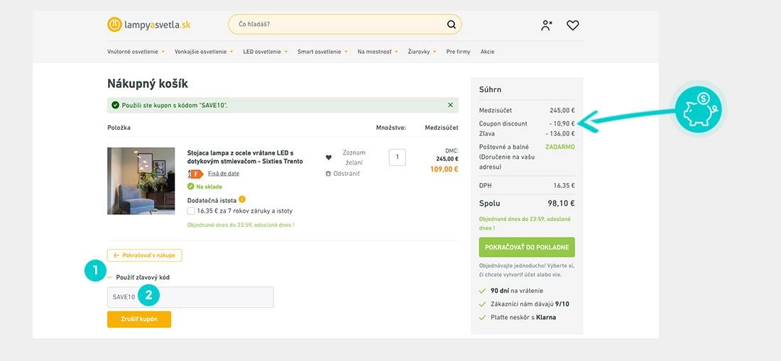 Návod ako uplatniť zľavový kód v košíku e-shopu Lampyasvetla