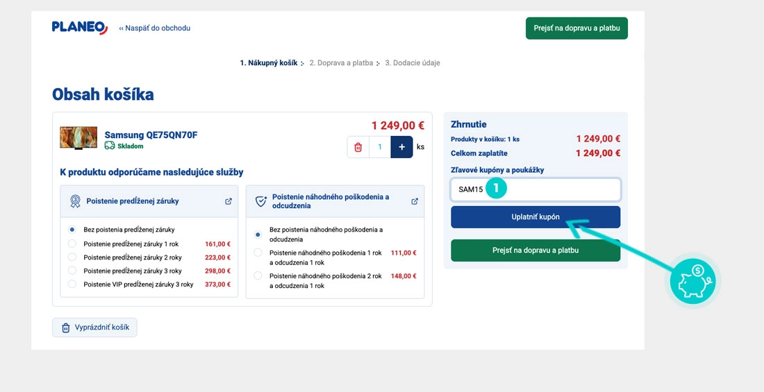 Návod ako uplatniť zľavový kód v košíku e-shopu Planeo