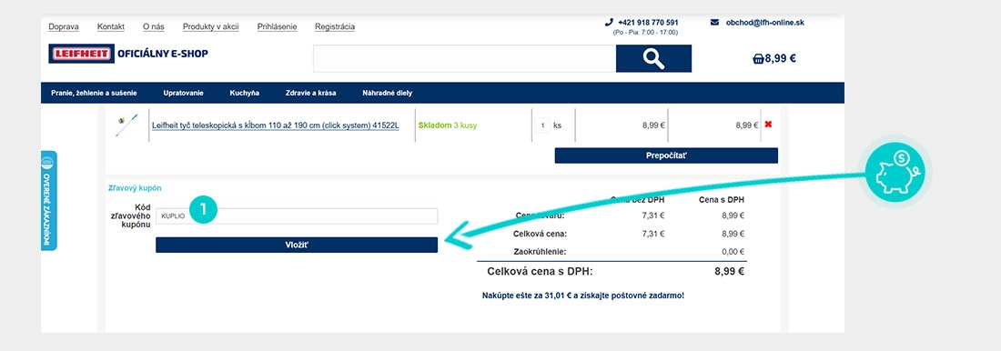 Návod ako uplatniť zľavový kód v košíku e-shopu Leifheit