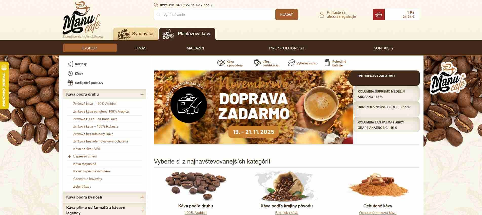 homepage ManuCafe plantážová káva sypané čaje