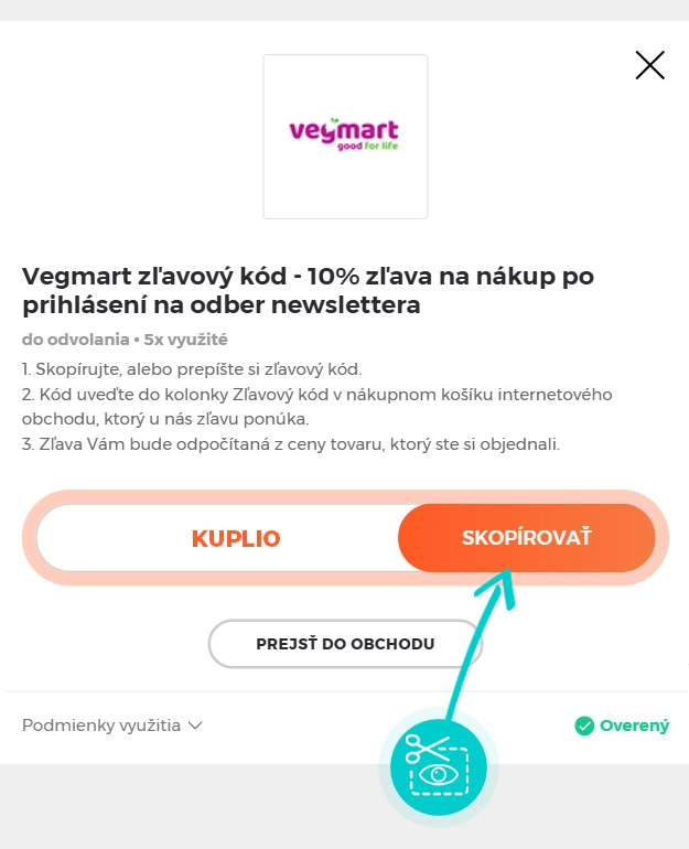 Návod ako skopírovať zľavový kód Vegmart