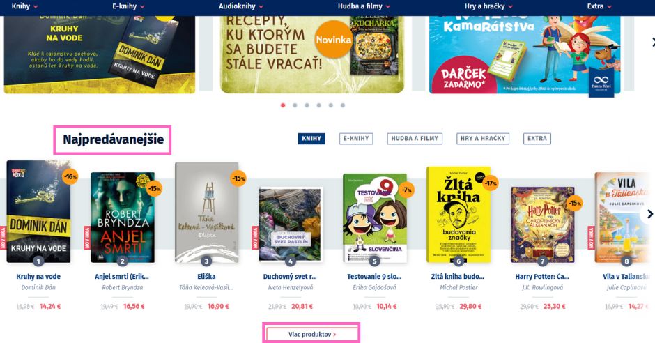 Internetový obchod Panta Rhei, sekcia najpredávanejšie knihy.