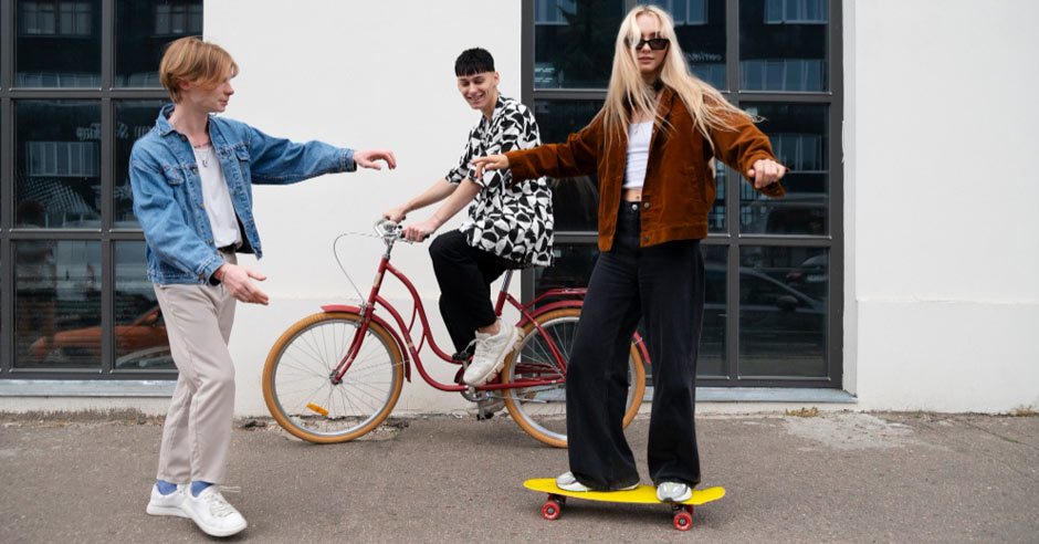 teenageri sa zab&aacute;vaj&uacute; na ulici so skateboardom a bicyklom
