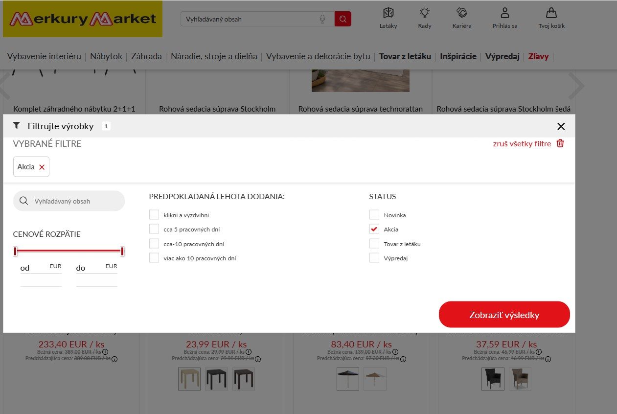 zobrazenie produktov v akcii v obchode merkury market